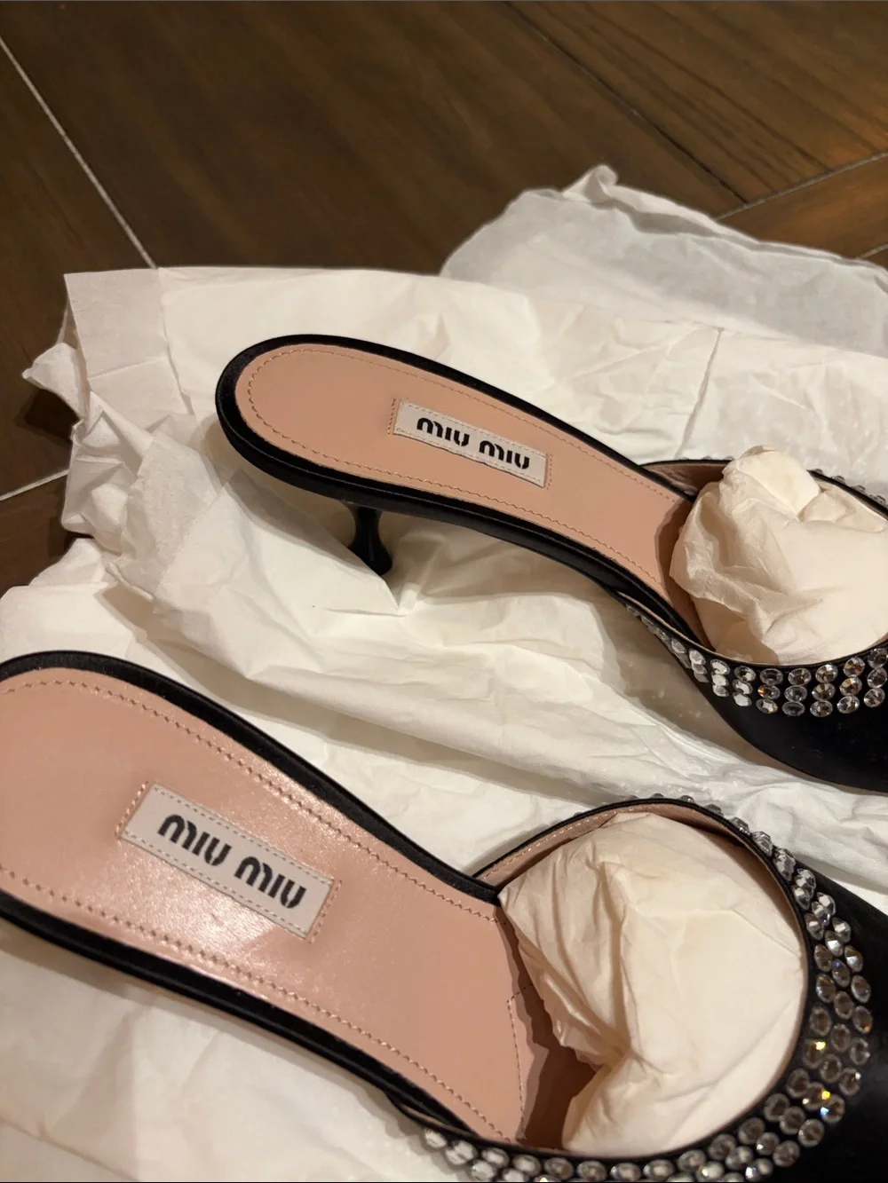 Miu Miu Black Satin Crystal-Embellished Slide Mules - Picture 3 of 6